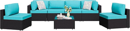 Shintenchi 7 Pieces Outdoor Patio Sectional Sofa Couch,PE Wicker Furniture Conversation Sets with Washable Cushions & Glass Coffee Table for Garden, Poolside, Backyard (Blue)