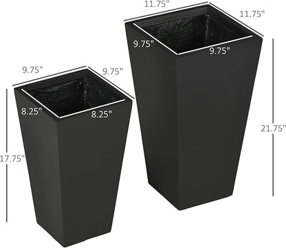 Outsunny 2-Pack Outdoor Planter Set, Flower Pots with Drainage Holes, Durable & Stackable Plant Pot, 22in & 18in, for Porch, Entryway, Patio, Yard, Garden, Black