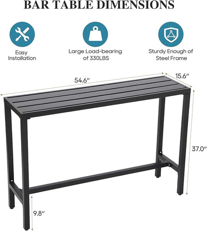 Outdoor Bar Table, Patio Console Pub Height Tables with Powder Coated Steel Frame, Weather Resistant Waterproof Top for Hot Tub, Balcony, Garden, Yard, Poolside (Black, 55" Bar Table)