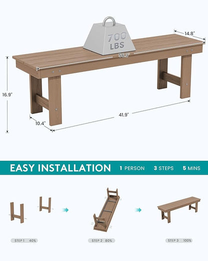 SERWALL 2-Person Outdoor Bench Backless, HDPE Outdoor Benches Weatherproof, 700 Lbs Weight Capacity, Poly Lumber Patio Furniture for Garden, Porch and Park, Brown