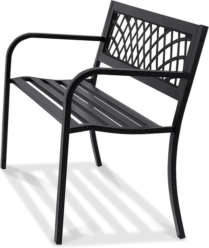 VEVOR Outdoor Bench, 46" Iron Steel Frame Garden Park Bench with Mesh Pattern and Plastic Backrest Armrests, Patio Bench for Garden, Park, Yard, Front Porch