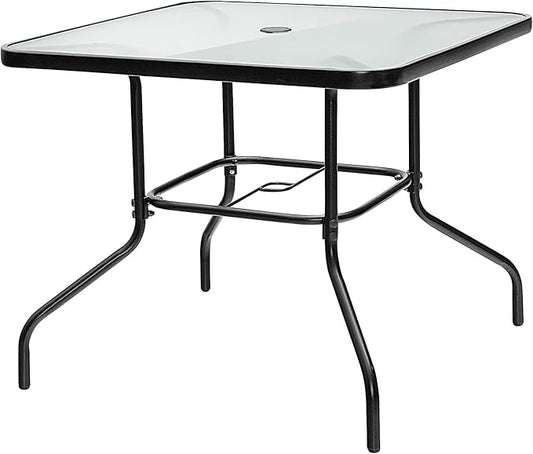 Tangkula 35" Patio Dining Table for 4, Square Outdoor Dining Table with Tempered Glass Tabletop, 1.65" Umbrella Hole & Metal Frame, 4-Person Outside Dining Table for Backyard, Lawn, Deck & Poolside