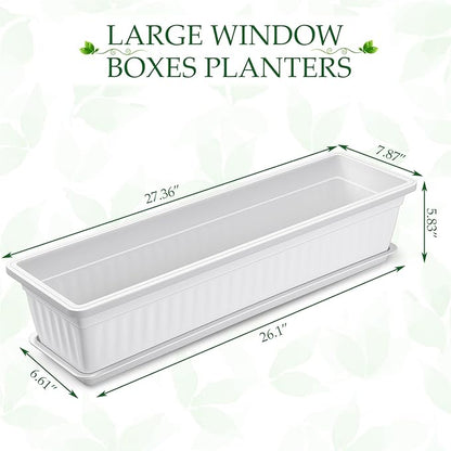 6 Packs 27 Inch Window Flower Box Extra Large Window Sill Herb Garden Long Rectangle Planter Plastic Boxes Outdoor with Drainage Trays for Balcony Windowsill Patio Garden