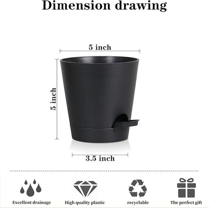 5 Pack 5 inch Self-Watering Pots, African Violets Planter with Drainage Holes and Reservoir, Black Plastic Planter for Indoor Outdoor Plants Flowers and Houseplants Black, 5 inch 5 pcs