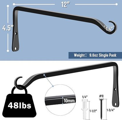 FEED GARDEN 2 Pack 12 Inch Hanging Plant Bracket Wall Hooks Decorative Plant Hangers for Outdoor Hanging Bird Feeders, Wind Chimes, Plant Baskets, Black