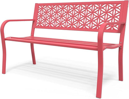 VINGLI 50" Outdoor Bench Metal with Floral Back, Garden Bench Front Porch Bench for Yard Patio Entryway Park Outside, 800lb Capacity - Pink