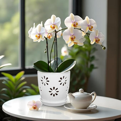 Oairse 6 inch Orchid Pots with Holes, White Ceramic Orchid Pot for Repotting Small Indoor Plant Pots with Drainage Holes and Saucers Decorative Flower Planter for Orchids, Indoor Plant