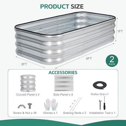 3 in 1 Galvanized Raised Garden Bed - 4x2x1ft (2Packs) Modular Planter Box Outdoor | Metal Raised Bed Kit with Bracing Rods for Gardening Vegetables Flowers Fruits Herbs (Silver)