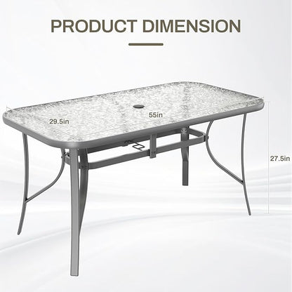 TLSUNNY Patio Outdoor Table W/ 1.69″ Umbrella Hole, 30"X 55" Rectangular Tempered Glass Patio Dining Table for 6, Outdoor Metal Furniture, All-Weather Use, for Patio, Graden, Backyard (Grey)