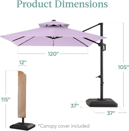 Best Choice Products 10x10ft Cantilever Patio Umbrella w/Base Included, Solar LED Lights 360 Rotation Large Offset Hanging Outdoor Shade for Deck Pool Backyard w/Stand – Lavender
