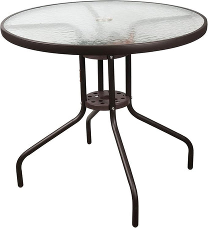 Garden Elements Outdoor Patio Furniture, Round Dining Table, Steel Base and Rim with Water-Wave Glass Top, Brown, 31.5"