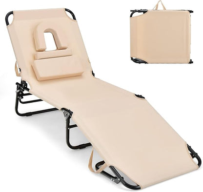 GYMAX Tanning Chair, 350lbs Beach Lounge Chair with Face Hole, Detachable Washable Pillow & Carry Strap, Adjustable Folding Chaise Lounge, Layout Chair for Outside, Patio, Poolside, Lawn (1, Beige)