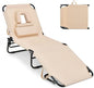 GYMAX Tanning Chair, 350lbs Beach Lounge Chair with Face Hole, Detachable Washable Pillow & Carry Strap, Adjustable Folding Chaise Lounge, Layout Chair for Outside, Patio, Poolside, Lawn (1, Beige)