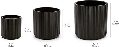 Amazon Basics Fluted Ceramic Round Planters with Drainage Hole, Indoor Outdoor Flower Pots, Assorted Sizes 6, 8, 10 inch, Set of 3, Black