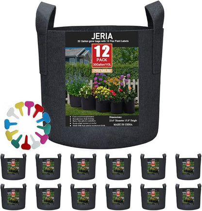 JERIA 12-Pack 30 Gallon Grow Bags, 300G Thickened Nonwoven Garden Pots,Heavy Duty Fabric Pots with Reinforced Handles