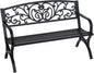 FDW Outdoor 50 Inches Garden Bench, Slatted Seat Armrests Floral Design Backres and Arch Legs, Perfect for Park, Yard, Porch, Lawn, Balcony, Backyard, Black