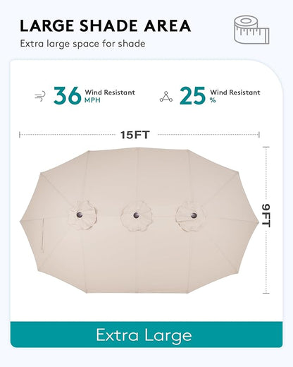 SERWALL 8-Piece Patio Dining Sets with 15FT Double Side Patio Umbrella, Outdoor HDPE Dining Furniture Set with Umbrella Hole Cut-Out Table and 6 Chairs, White（Umbreall Base not Included）