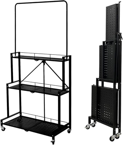 lumizone Foldable 4-Tier Plant Stand Indoor Outdoor Hanging Plant Shelf No Assembly Required Pot Placement Area With Wheels Sturdy Fall Prevention Storage Shelf Flower Pot Stand(4 Tier-Black)