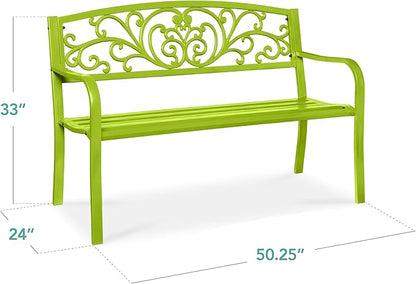 Best Choice Products Outdoor Bench Steel Garden Patio Porch Furniture for Lawn, Park, Deck w/Floral Design Backrest, Slatted Seat - Lime Green