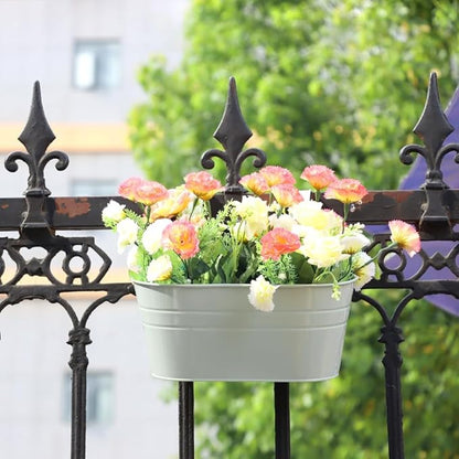 3 Pack Metal Railing Planters, 10.5" Oval Hanging Flower Pots with Detachable Hooks & Drainage Holes, Fits Rails up to 2.36", Galvanized Iron Fence Bucket for Balcony Garden Patio - Blue
