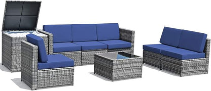 Tangkula 8 Pieces Wicker Patio Furniture Set with Storage Deck Box, PE Rattan Outdoor Sectional Sofa Conversation Set with Coffee Table & Cushions, Outside Furniture for Garden Yard Poolside (Navy)