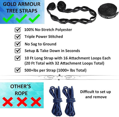 Gold Armour Camping Hammock - XL Double Hammock Portable Hammock Camping Accessories Gear for Outdoor Indoor with Tree Straps, USA Based Brand (Gray)