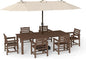7-Piece Brown Outdoor Dining Set with White 15FT Large Patio Umbrella, 75.2'' HDPE Table & Chairs for 6, Weather-Resistant Furniture with Umbrella Hole for Patio, Lawn, Poolside