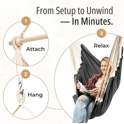 Hanging Hammock Chair Swing – Hanging Chair Outdoor & Indoor - Hammock Swing Chair – Quick & Easy Setup with Hardware Kit – Durable & Spacious Full Body Support – Holds 440 Lbs