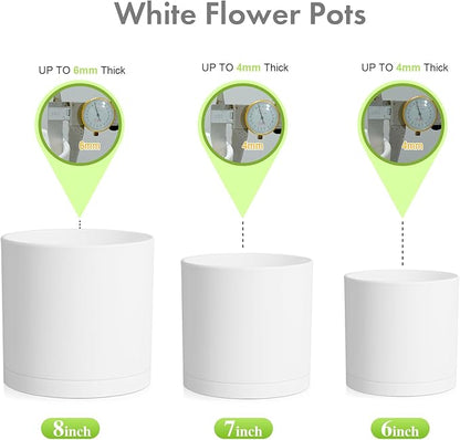 8/7/6 inch Plant Pots, Set of 3 Cylinder Flower Pots for Outdoor Indoor Plants, Decorative Plastic Planters with Drainage Holes and Saucers for Garden House Plants, White