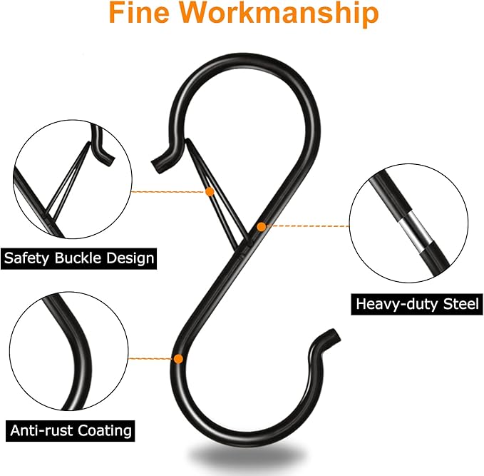 32 Pack S Hooks for Hanging, 3.5 inch Heavy Duty Metal S Hooks with Safety Buckle S Shaped Hooks Pot Rack Closet Hooks for Hanging Plants, Clothes, Kitchen Utensil, Pots, Pans, Bags (Black)