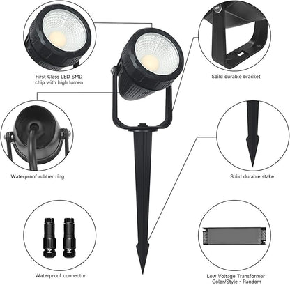 Low Voltage Safety Landscape Lights Outdoor: 7W 840LM LED Landscape Lighting with Connectors & Transformer for Tree Garden Yard Pathway | 24V Warm Yellow 3000K Spotlights | IP65 Waterproof | 6 Pack
