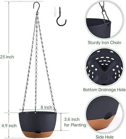 Hanging Planters for Indoor Plants, Set of 2 8/10 Inch Self-Watering Hanging Pots with Drainage Hole & Removable Water-Storage Tray II Screw-in Hooks