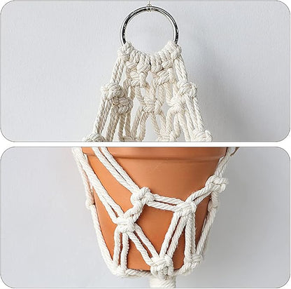 Artilady Boho Macrame Plant Hangers - Handmade Hemp Rope Hanging Baskets for Indoor Plants with Ceiling Hooks, Bohemian Home Decor Outdoor Wall Art (White Hanger-2pcs)