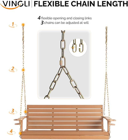 VINGLI Heavy Duty 1600 LBS HDPE Porch Swing Outdoor with Rotatable Cup Holder, 5 FT Patio Bench Swing with Adjustable Chains, 3 Person Hanging Porch Swing Chair for Porch, Yard, Tree, Garden - Teak