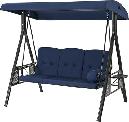 U-MAX 3-Seat Porch Swing Chair Steel Frame, Patio Swing Chair with Stand and Removable Cushions, Outdoor Canopy Swing Chair for Outside, Backyard, Garden, Deep Blue Cushion