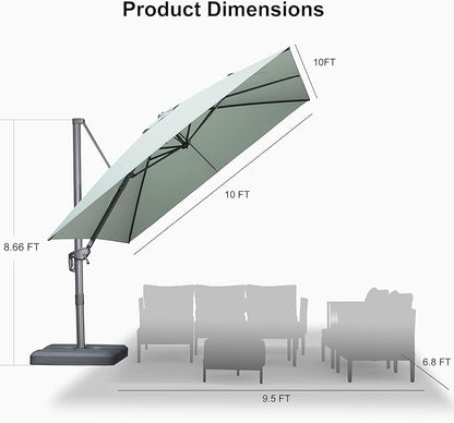 PURPLE LEAF Patio Umbrella 10' X 10' Rectangle Cantilever Umbrella Large Aluminum Outdoor Umbrellas with 360-degree Rotation & UPF40+ Premium Fabric for Deck Pool Garden Yard, Mint Green
