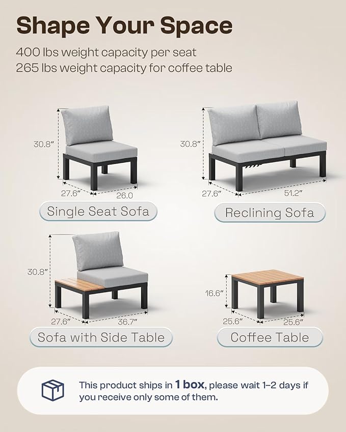 Aluminum Outdoor Patio Sofa Set, 2 Seats Modular Sectional Sofa with Side Table, Thick & Removable Cushions, All-Weather Outdoor Conversation Sets for Garden & Yard, Gray