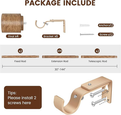 1” Diameter Curtain Rods Itself is 30 to 144 inch 2 Pack Fit 30-142 inch, 66 to 120 inch Window with Heavy Duty Adjustable Rod Matte Wood Grain Splicing Metal Extra Long Curtain Rod for Windows
