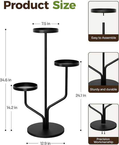 Bamworld 3 Tier Plant Stand Indoor Outdoor Metal Plant Shelf for Multiple Plants Pots Tier Tall Flower Holder for Living Room,Bedroom Decor,Balcony,Black