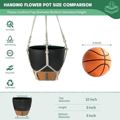 Self-Watering Hanging Planters for Indoor Plants Set 2-Piece Includes Plant Hanging Pot, Drainage-Hole Hanging Pot, and Hanging Basket Rack (10 Inches, Black)