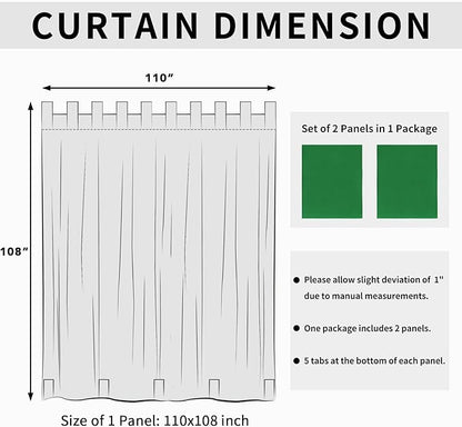 Easy-Going Outdoor Patio Curtains Detachable Tab Top Windproof Weatherproof Curtain for Cabana, Porch, Pergola and Gazebo, Tab Bottom Drape, 2 Panels, 110W x 108L inch, Green