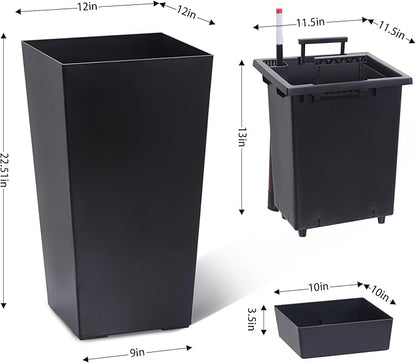 Garvee 22.5" Tall Planters Set of 2, Outdoor＆Indoor Black Planter Pots, High Front Porch Planter Pots with Drainage Holes＆Water Level Monitor＆Inner Bucket,Black