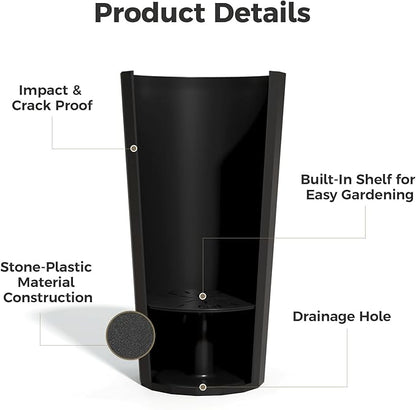 23.6" H Tall Planters for Outdoor Plants, 2 Pack Large Outdoor Planters for Porch Decor with Automatic Drainage Hole, Plastic Stripe Design Flower Pots Fits Indoor Plants Patio Garden, Black
