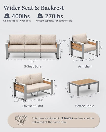 ZANDOR Outdoor Patio Conversation Sets, 4-Piece Aluminum Metal Outside Sectional Lawn Furniture with Coffee Table & Washable Thick Cushions,Seating Sofa for Garden/Backyard/Porch, Silver