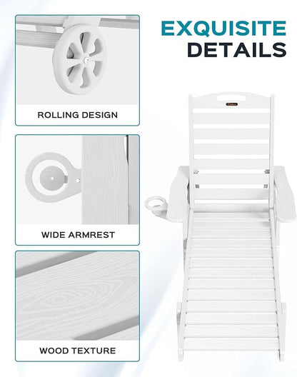 Outdoor Chaise Lounge Chair Set of 2, Patio Lounge Chairs for Outside, HDPE Lounge Chairs with Wheels & Cup Holder, Poly Lounge Chair with 5 Position for Poolside, Deck, White