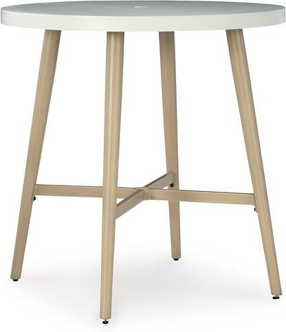 Signature Design by Ashley Seton Creek Casual Outdoor Bar Table with Umbrella Hole, Beige & White