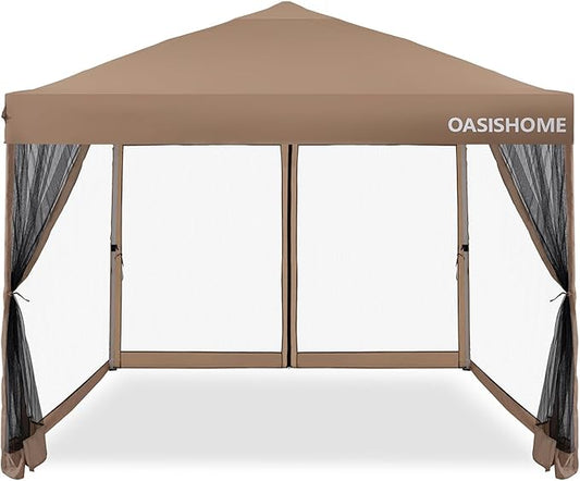 OASISHOME 10'x10' Pop-Up Gazebo Canopy Tent with Netting Sidewalls & Wheeled Bag,Weight Bag, Stakes, Ropes, Waterproof, UV Protection, Heavy-Duty Steel Frame for Backyard/Outdoor/Parties (Khaki)