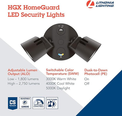 Lithonia Lighting HomeGuard 2-Light LED Outdoor Flood Lights, Outdoor LED Lights, Dusk to Dawn Sensor, Adjustable Lumens, Selectable Color, Round Heads, Dark Bronze (HGX LED 2RH ALO SWW2 120 PE DDB)