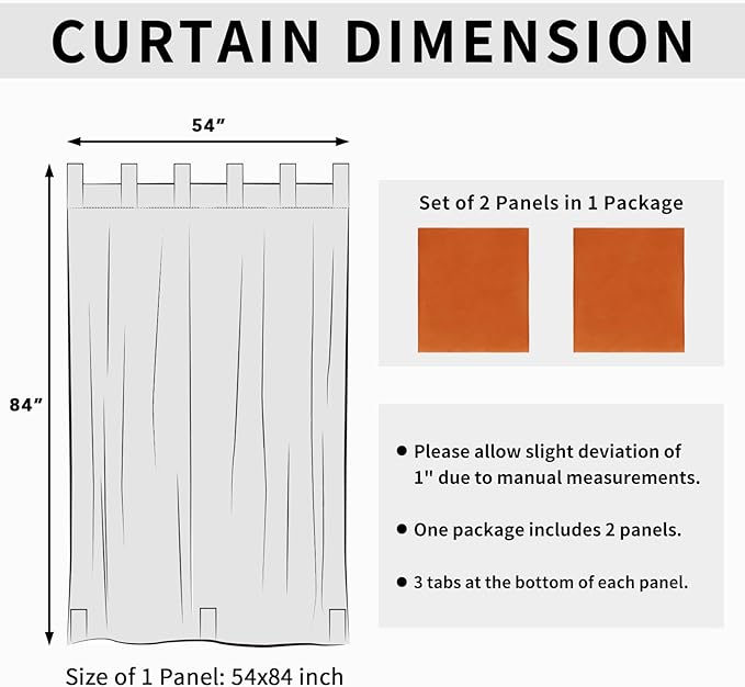 Easy-Going Outdoor Patio Curtains Detachable Tab Top Windproof Weatherproof Curtain for Cabana, Porch, Pergola and Gazebo, Tab Bottom Drape, 2 Panels, 54W x 84L inch, Orange