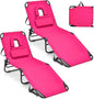 GYMAX Tanning Chair, 350lbs Beach Lounge Chair with Face Hole, Detachable Washable Pillow & Carry Strap, Adjustable Folding Chaise Lounge, Layout Chair for Outside, Patio, Poolside, Lawn (2, Pink)